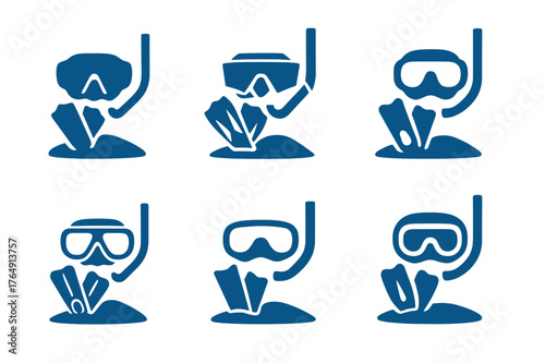 Snorkeling Island Adventures. Island hopping and tropical vacation spots. Set Logo of Island hopping and tropical vacation spots: a snorkeling mask and