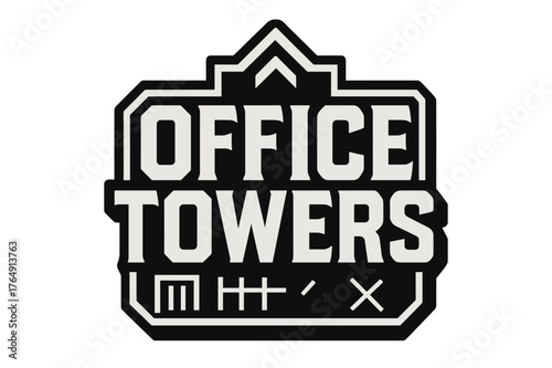 Geometric Tower Typography. Office Towers ? bold block geometric lettering; thick massy letters with geometric serifs, heavy outer outline, strong cast shadow;