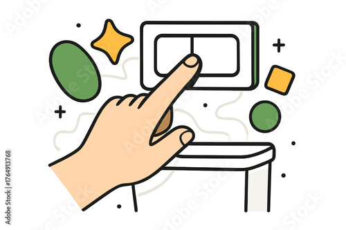 Sleek Toilet Flush. Toilet Flush Button. Hand pressing a sleek toilet flush button with floating abstract geometric shapes, modern and hygienic bathroom scene.