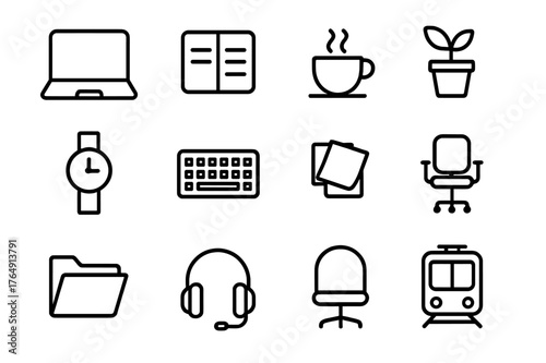 Workday Essentials Icons. Workday Scenes. Line icon set of Workday Scenes: laptop, notebook, pen, coffee cup, desk plant, wristwatch, keyboard, sticky notes,