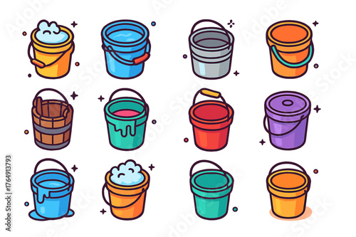 Colorful Bucket Icons. Cleaning tools. Colorful isometric vector icons set of cleaning tools: cleaning bucket, water bucket, metal bucket, plastic bucket,