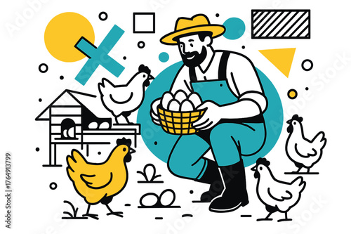 Geometric Egg Collection. Poultry Farm. Farmer collecting eggs with chickens around and floating abstract geometric shapes, busy and organized farm moment.