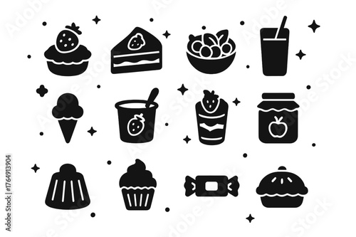 Fruit Dessert Icons. Fruit Desserts. Solid icons set of Fruit Desserts: strawberry tart, strawberry cake, fruit salad, smoothie, ice cream, yogurt, parfait,