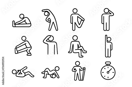 Stretching Icon Set. Stretching. Line icon set of Stretching: seated hamstring stretch, standing side bend, quad stretch, shoulder stretch, calf stretch, neck