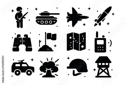 Military Icons Grid. Military Advance. Solid icons set of Military Advance: soldier, tank, jet, missile, binoculars, flag, map, radio, armored vehicle,