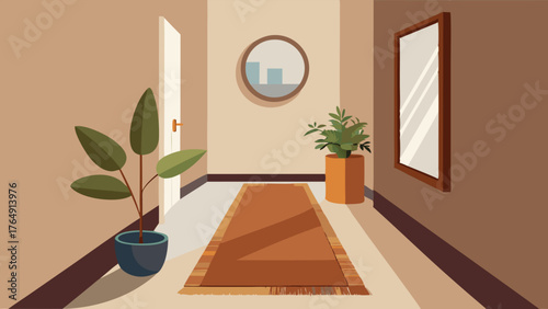 A clean and clutterfree hallway with a woven runner rug a round mirror and a potted plant for a touch of greenery.