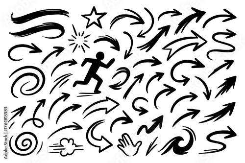 Dynamic Movement Doodles. Dynamic movement. Hand-drawn doodle illustration dynamic movement arrows, swirl, curved lines, brush stroke, figure silhouette,