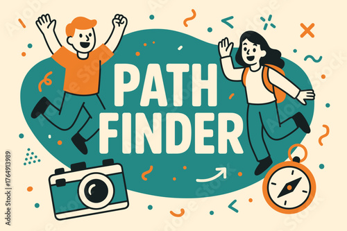 Pathfinder Adventure Banner. Pathfinder banner, flat vector illustration, bold oversized text inside rounded blob, cartoon characters jumping and waving,