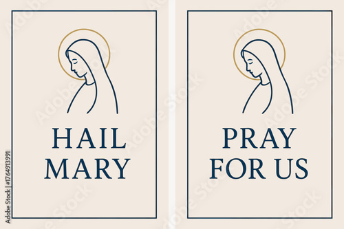Ave Maria Banners. Ave Maria. Two vertical A6 banners with safe margins, centered composition, no elements touching edges, minimal, navy and gold, simple veil
