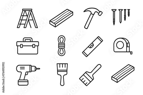 Outdoor Ladder Icons. Outdoor ladder. Line icon set of outdoor ladder: ladder, plank, hammer, nails, screws, toolbox, rope, level, measuring tape, drill, paint