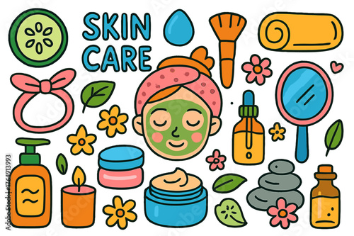 Skin Care Essentials. skin care. Colorful Hand-drawn doodle Children illustration skin care face mask, cucumber slices, headband, towel, cream jar, brush,