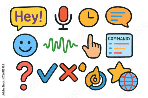 Colorful Voice Command Icons. Voice command prompts. Colorful Hand-drawn doodle Children illustration Voice command prompts wake word card, mic button, voice