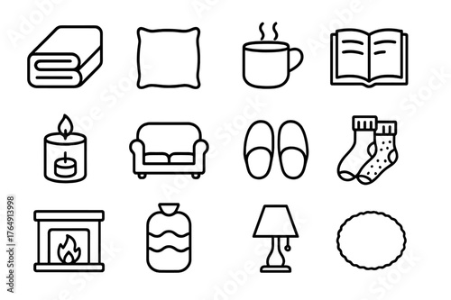 Home Comfort Icons. Home Comfort. Line icon set of Home Comfort: blanket, soft pillow, warm drink, reading book, scented candle, sofa, slippers, fuzzy socks,