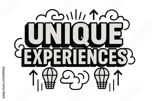 Bold Block Lettering. Bold Block Lettering ? "Unique Experiences" in massive bold geometric letters, stacked block composition, heavy outlines with subtle drop