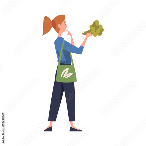 Woman Character in Eco Market with Shopping Bag Vector Illustration