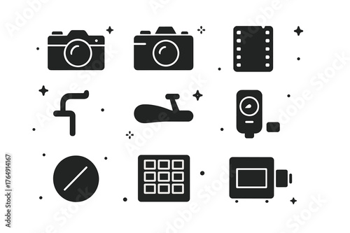 35mm Film Icons. 35mm Film Era. Solid icons set of 35mm Film Era: rangefinder camera, SLR camera, film cassette, sprocket holes, rewind crank, advance lever,