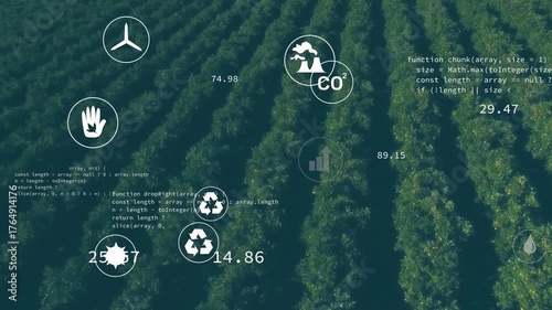 White icons fading in at start while metrics updating and code shifting, visualizing orchard data