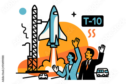 Futuristic Rocket Launchpad. Suborbital Launch Pad. Passengers in sleek suits wave as the rocketplane hums; countdown digits ?T?? float beside rippling exhaust