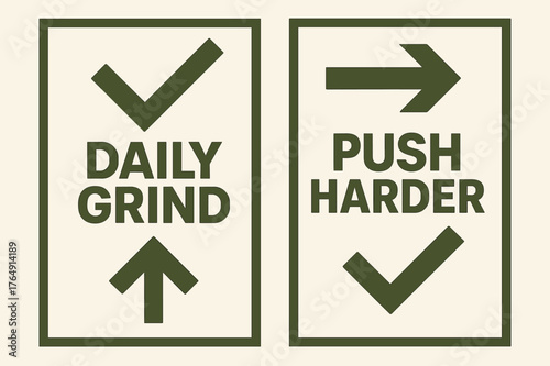 Motivational Banners Design. Daily grind. Two vertical A6 banners with safe margins, centered composition, no elements touching edges, geometric, olive green