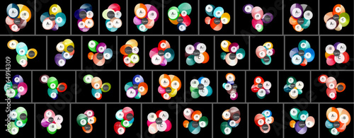 Colorful circular icons arranged in grid pattern. Each icon contains multiple overlapping circles with letter inside. Simple design, vibrant hues.