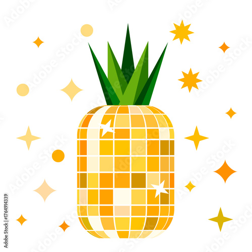 Vector trendy illustration of pineapple with disco ball texture. Design for party, summer poster, nightlife music event