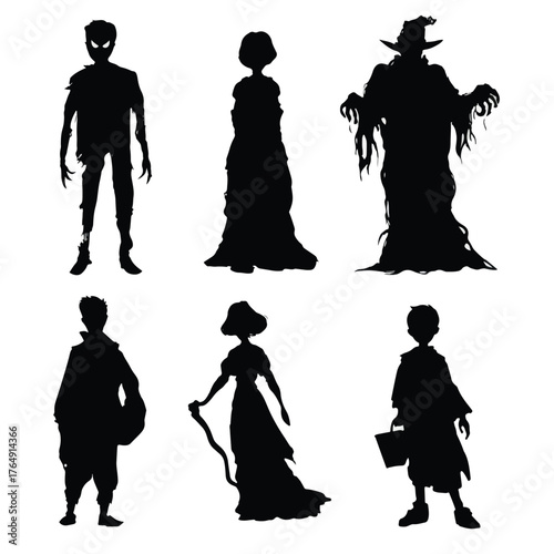 Collection of spooky ghost silhouettes for halloween decorations and designs isolated on white background