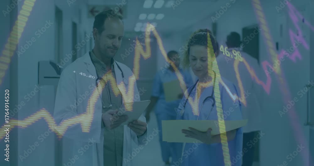Doctor tapping tablet and nurse flipping file in hospital, animated ...