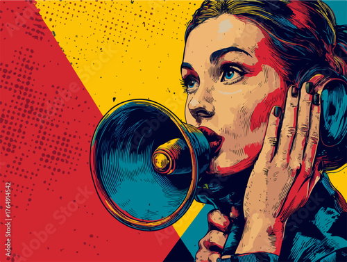 팝아트 스타일의 강렬한 벡터 일러스트레이션으로, 확성기를 통해 자신의 목소리를 힘껏 외치는 여성의 모습이 사회적 메시지를 전달합니다.