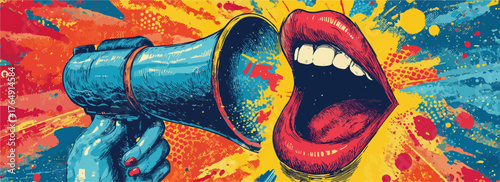 활기찬 색상의 배경 위 확성기와 크게 벌린 입이 강력한 메시지를 전달하며, 대중에게 목소리를 내는 현대 사회의 소통과 표현의 자유를 상징하는 예술적인 벡터 일러스트레이션입니다.