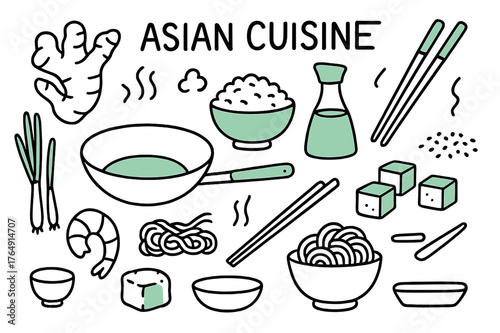 Asian Cuisine Doodle. // Asian cuisine. Hand-drawn doodle illustration Asian cuisine [wok pan (accented), chopsticks (accented), rice bowl, soy sauce bottle
