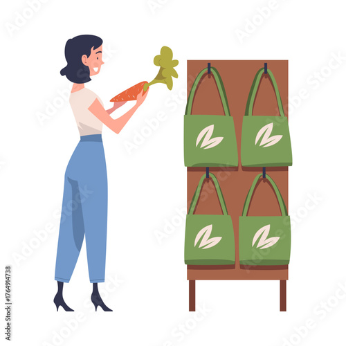Woman Character in Eco Market with Shopping Bag Vector Illustration
