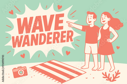 Wave Wanderer Splash. Wave wanderer banner, flat vector illustration, bold oversized text inside splash explosion, cartoon characters standing and pointing,