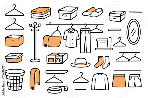 Simplified Closet Illustration. Simplifying closet. Hand-drawn doodle illustration hangers (colored), folded clothes (colored), storage boxes (colored), shoes