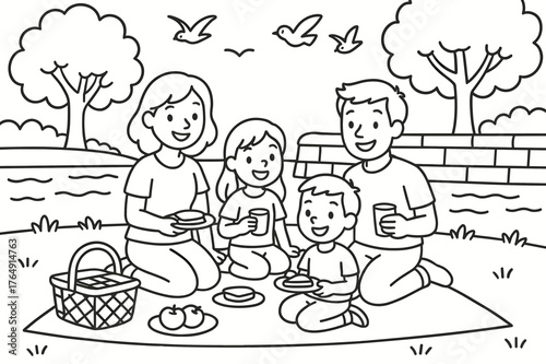 Family Picnic Illustration. Picnic by the embankment children?s coloring book illustration, outlined drawing, smiling family having a picnic on the grass