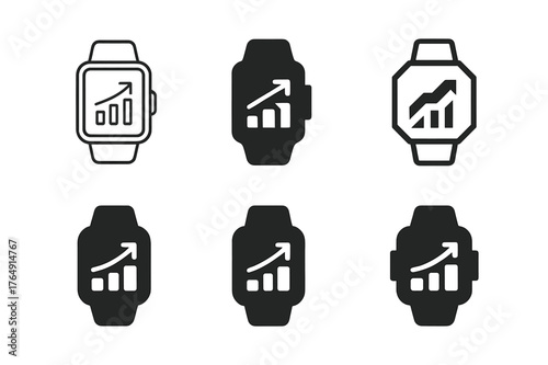 Creative Sports Logos. Sports performance tracking. Set Logo of Sports performance tracking: smartwatch face with rising chart. harmonious logo variations of