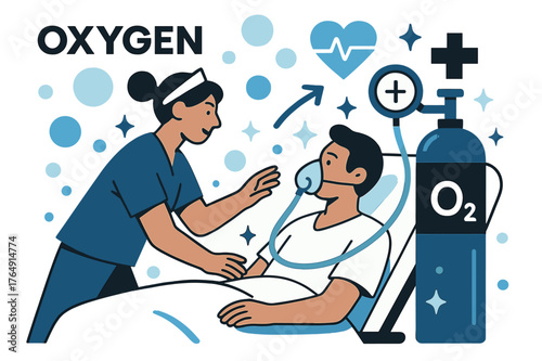Modern Healthcare Oxygen. Oxygen. Oxygen supply in hospital ICU with abstract floating bubbles, icons, and sparkles; emphasizes healthcare, life-support, and
