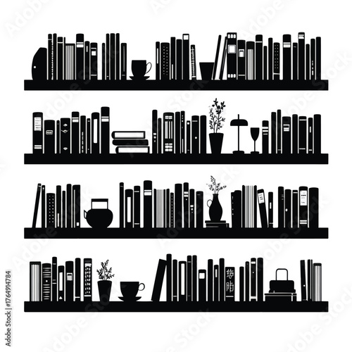 Collection of bookshelf silhouettes in various styles isolated on white background