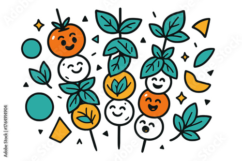 Colorful Caprese Skewers. Caprese Skewers. Colorful caprese skewers with cherry tomatoes, mozzarella, and basil leaves with floating abstract geometric shapes,