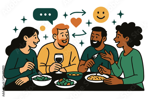 Warm Meal Bonds. Friendship dynamics in adulthood. Friends sharing a meal at home with abstract floating icons, chat bubbles, and sparkles; conveys warmth,