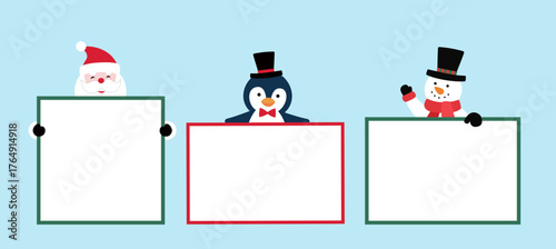 Set of Santa Claus, snowman and penguin holding blank advertising board flat stock vector illustration.
Good for greeting card, poster, banner, leaflet.