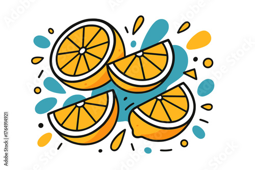 Playful Lemon Art. Sliced Lemon. Lemon slices arranged in a pattern with floating abstract geometric juice droplets and soft light accents, vibrant and playful