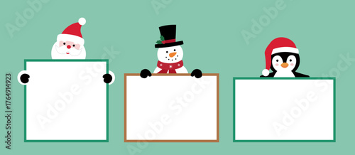 Set of Santa Claus, snowman and penguin holding blank advertising board flat stock vector illustration.
Good for greeting card, poster, banner, leaflet.