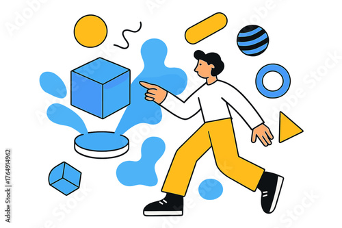 Futuristic Holographic Interaction. 3D Design Elements. Person interacting with 3D holographic shapes and floating abstract geometric elements, futuristic and