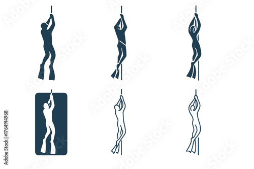 Freediving Logo Variations. Freediving. Set Logo of Freediving: diver along descent line. harmonious logo variations of the same emblematic concept, each with