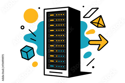 High-Tech Server Rack. Server Rack. Tall server rack with glowing lights and floating abstract geometric shapes, modern and high-tech scene. Modern flat-line