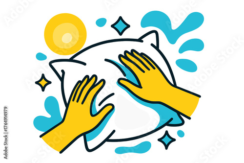 Cozy Pillow Adjustment. Adjusting the Pillow to a Comfortable Position. Close-up of hands smoothing a pillow with floating abstract geometric shapes and soft