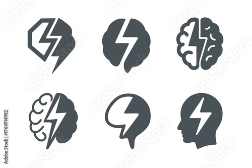 Brainstorm Logo Variations. Knowledge challenge. Set Logo of Knowledge challenge: brain with lightning bolt. harmonious logo variations of the same emblematic