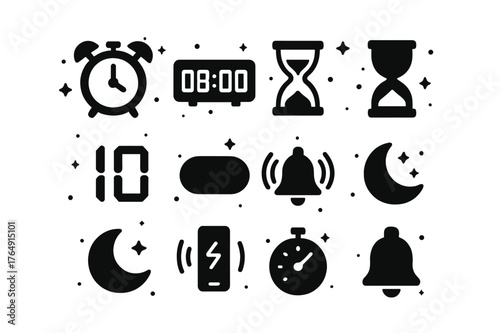 Alarm Icons Collection. Alarms and Timers. Solid icons set of Alarms and Timers: analog alarm clock, digital clock, hourglass, stopwatch, countdown digits,