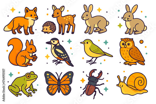 Colorful Forest Wildlife Icons. Forest wildlife in May. Colorful isometric vector icons set of Forest wildlife in May: red fox, roe deer, hedgehog, hare, red