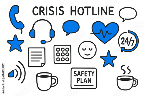 Crisis Hotline Icons. // Crisis hotline. Hand-drawn doodle illustration Crisis hotline [phone handset (accented), headset (accented), lifeline heart